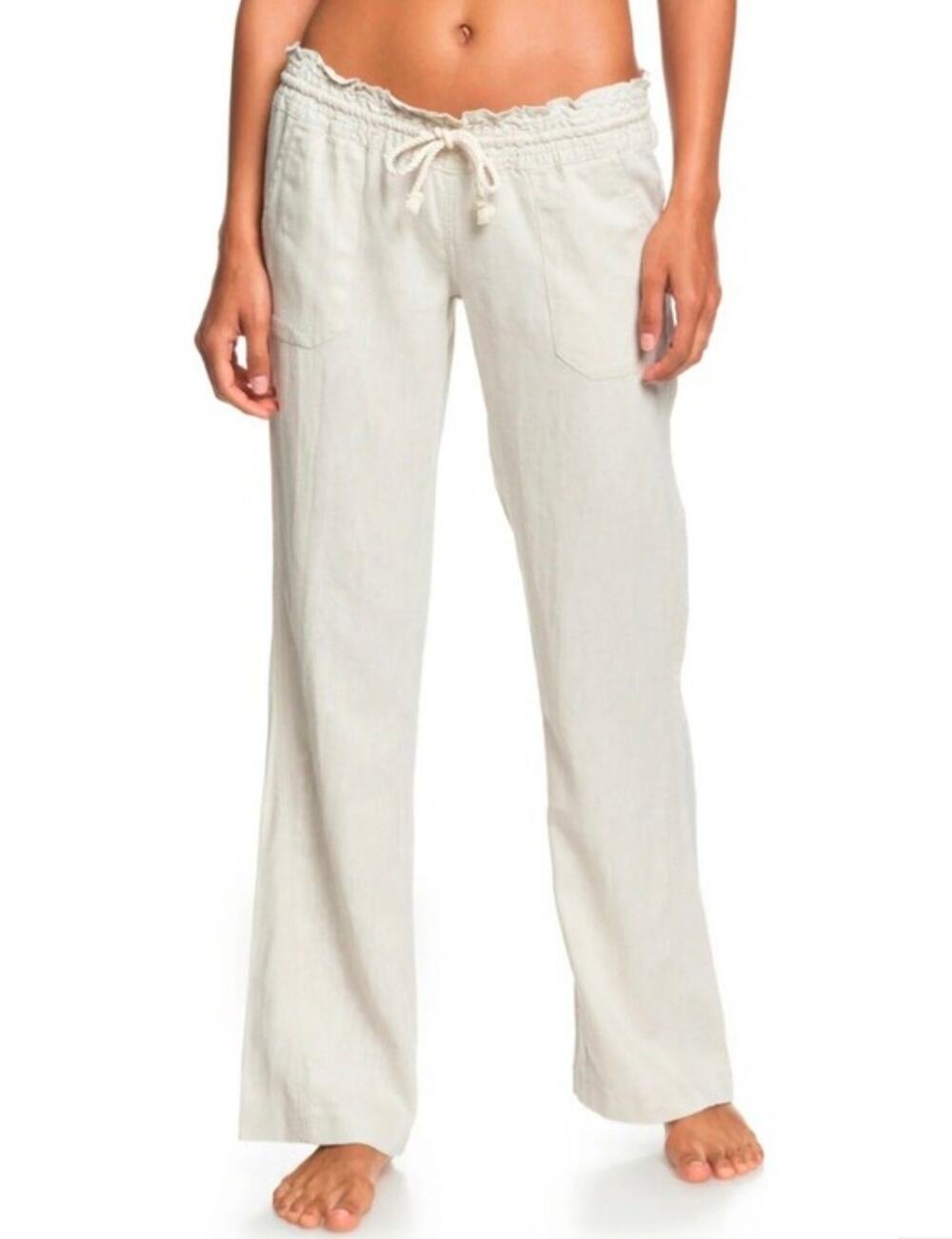 Roxy Cream Linen Blend Wide Leg Drawstring Beach Pants